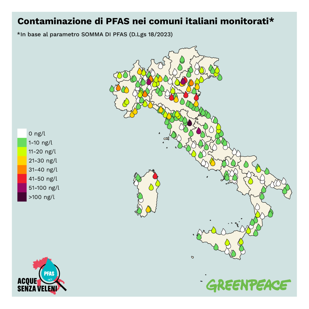 Contaminazione PFAS nei comuni monitorati 