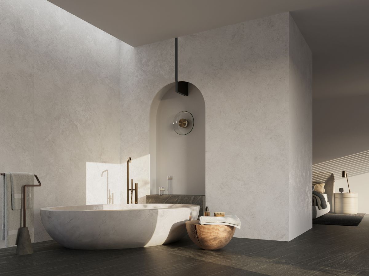 Pietra sinterizzata Neolith Whitesands, una superficie brillante che riflette la luce solare