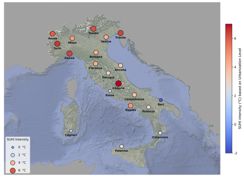 intensità delle isole di calore superficiali urbane (SUHI) in tutti i capoluoghi di regione italiani