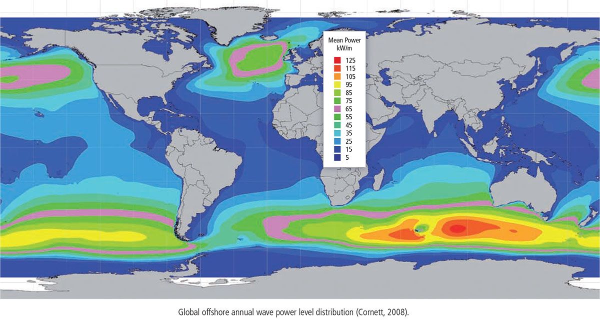 Distribuzione globale del livello annuo di potenza delle onde offshore 